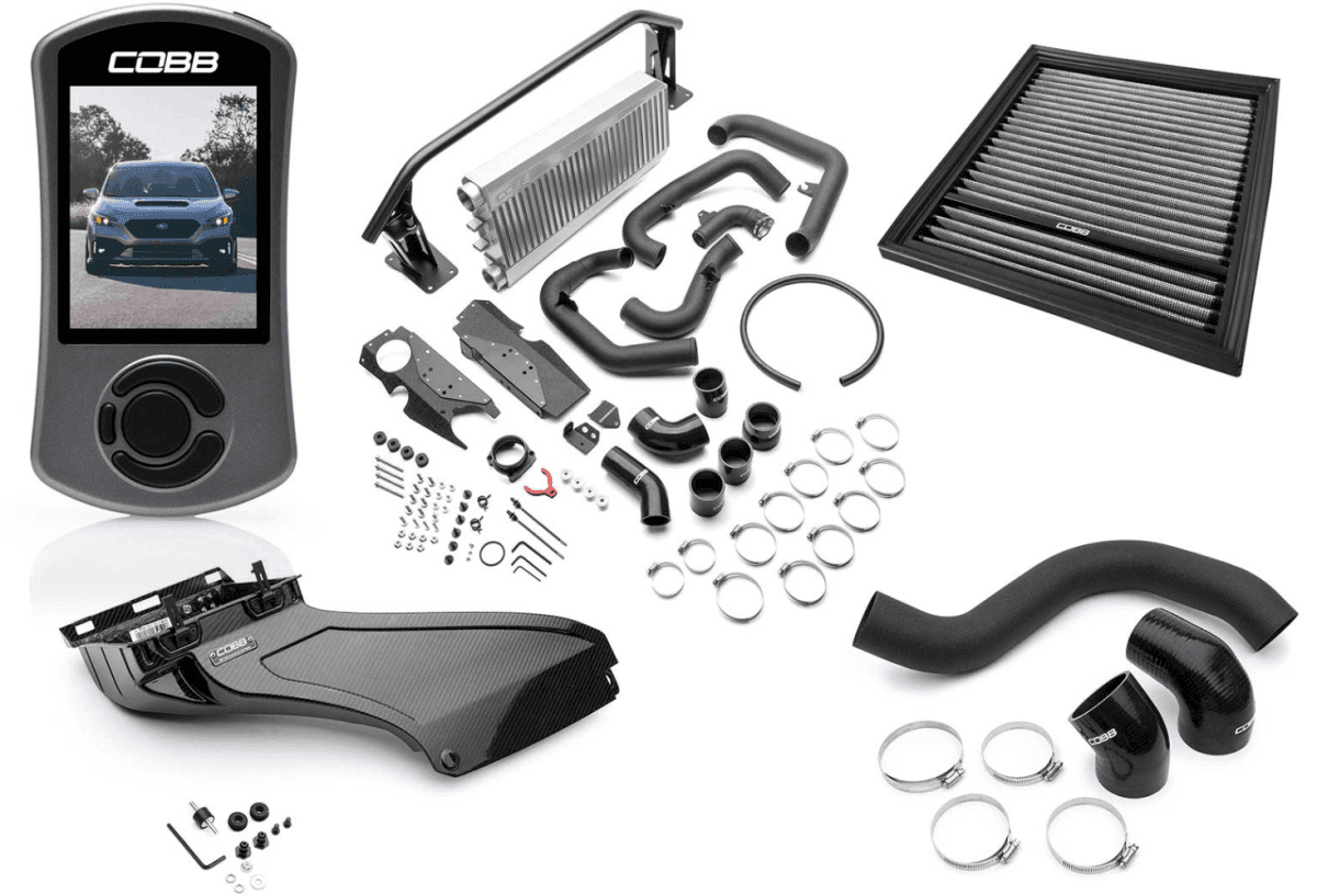 COBB Stage 2 Power Package w/ Silver Front Mount Intercooler and Gloss Carbon Fiber Power Scoop MT / CVT WRX w/ Electric Parking Brake