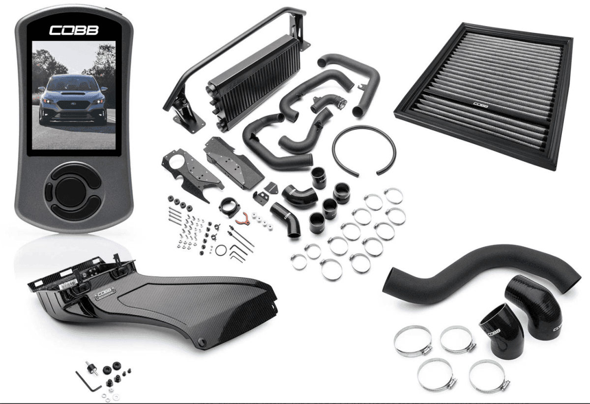 COBB Stage 2 Power Package w/ Black Front Mount Intercooler and Gloss Carbon Fiber Power Scoop MT / CVT WRX w/ Electric Parking Brake