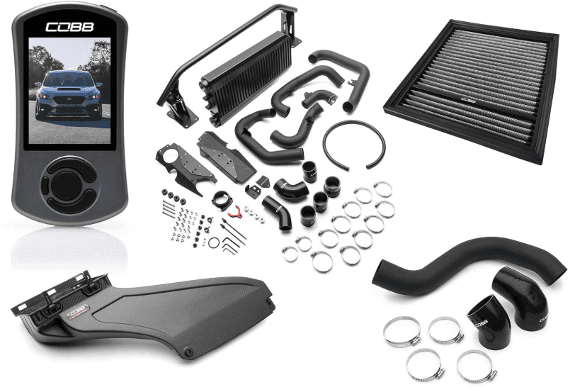 COBB Stage 2 Power Package w/ Black Front Mount Intercooler and Matte Carbon Fiber Power Scoop MT / CVT WRX w/ Electric Parking Brake