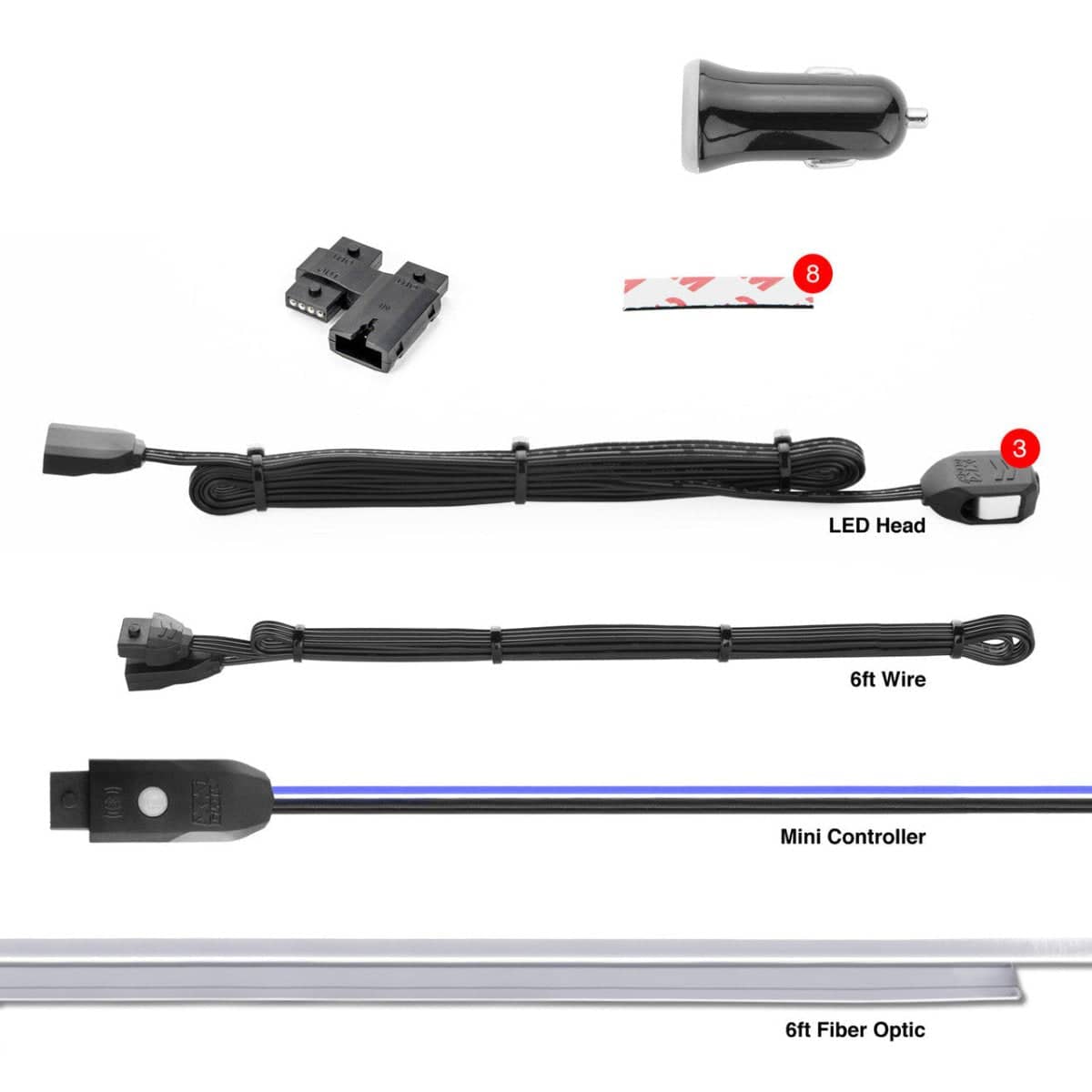 XKGlow LED Fiber Optic Kit w/ 3pc LED Heads + 6ft Fiber Optic Roll | App-controlled