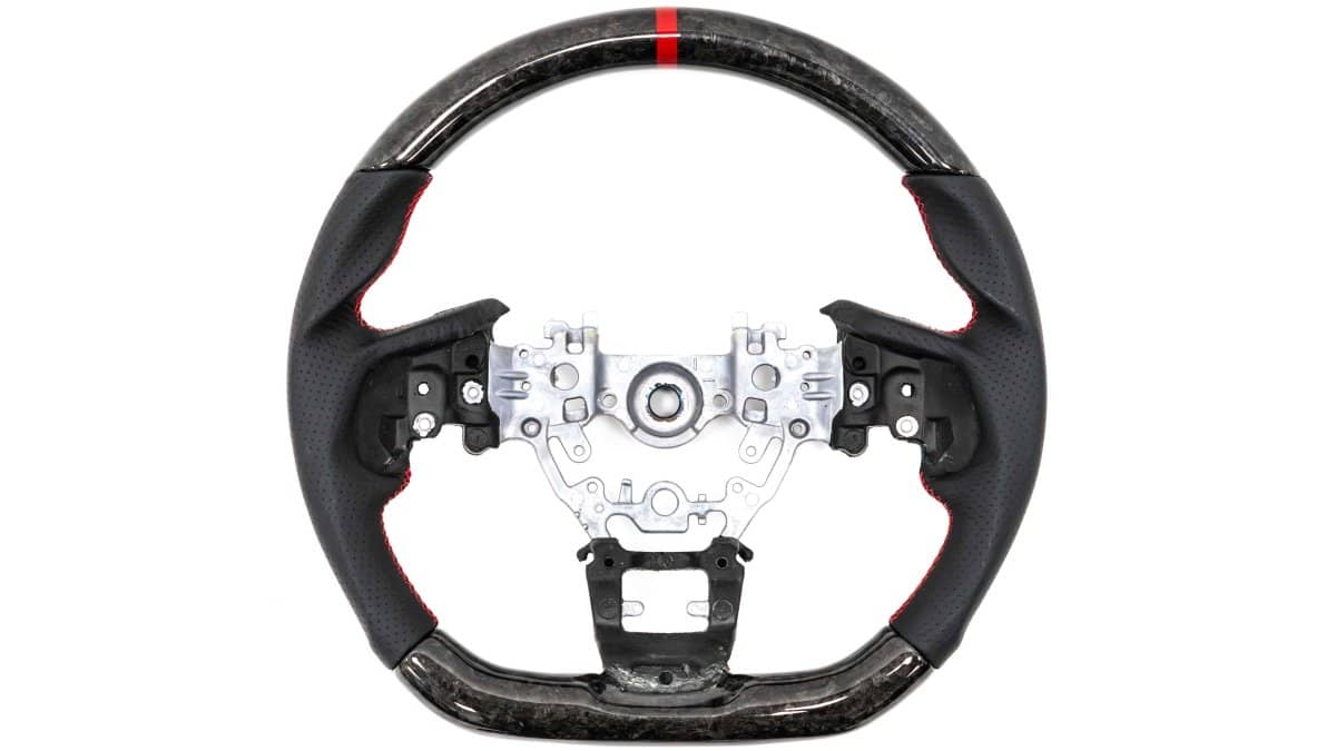 Molded Innovations Forged Carbon Fiber Steering Wheel w/ Perforated Leather Grip, Red Stripe and Red Stitching