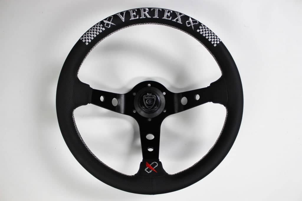 VERTEX Checker Steering Wheel 330mm Perforated Leather w/ Silver and Red Stitching