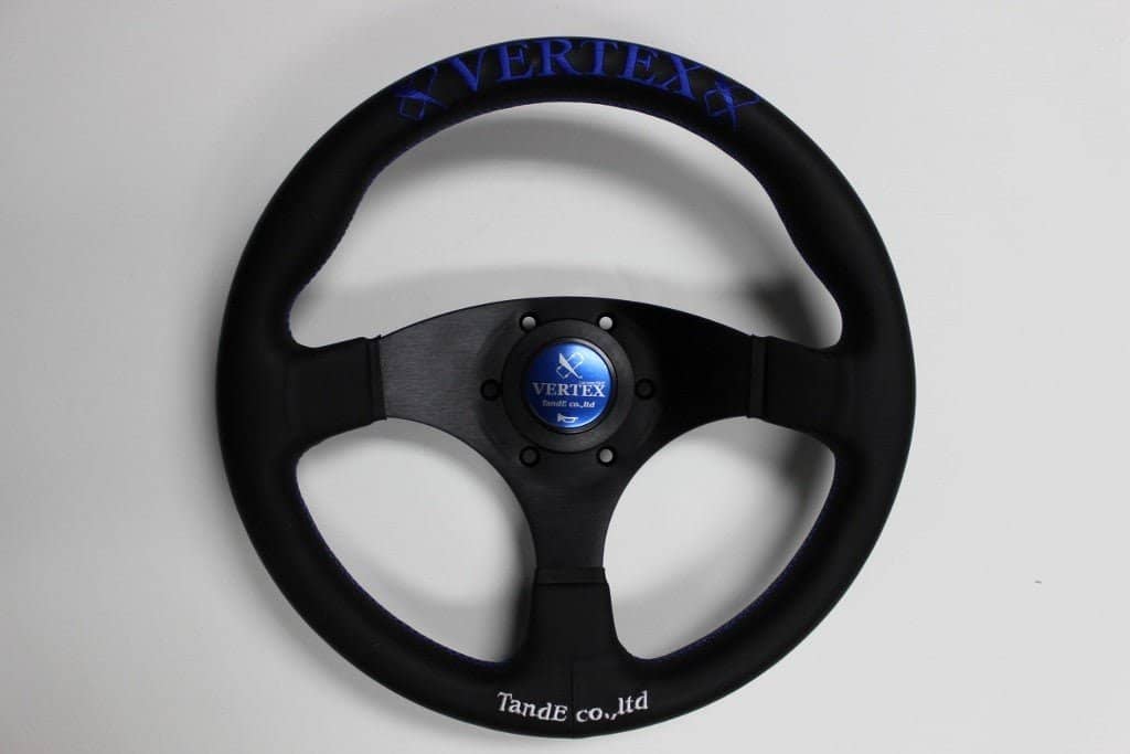 VERTEX Flat Steering Wheel 325mm Leather w/ Blue and White Stitching