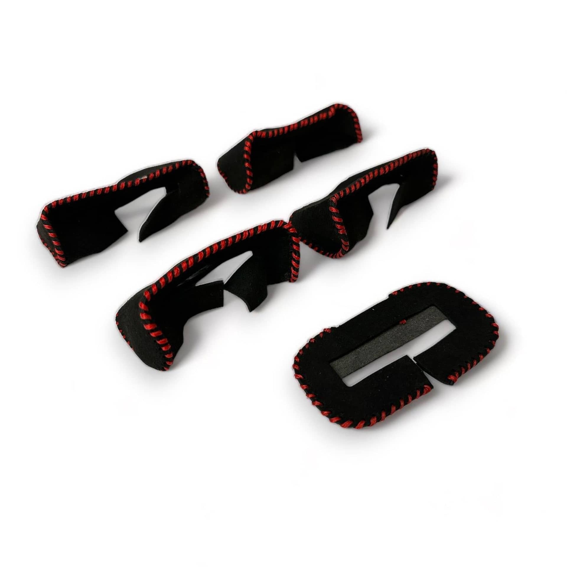 Noble Performance Suede Seat Belt Buckle Covers Black with Red Stitching WRX