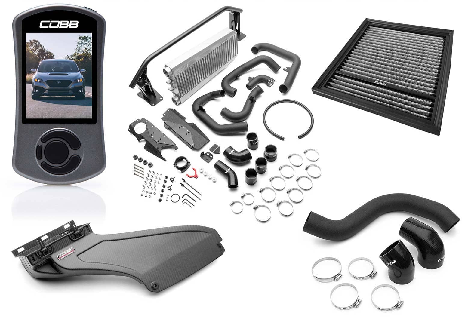 COBB Stage 2 Power Package w/Silver FMIC & Matte CF Scoop WRX 22-26 | SUB0060020-SL-FMIC-RMC